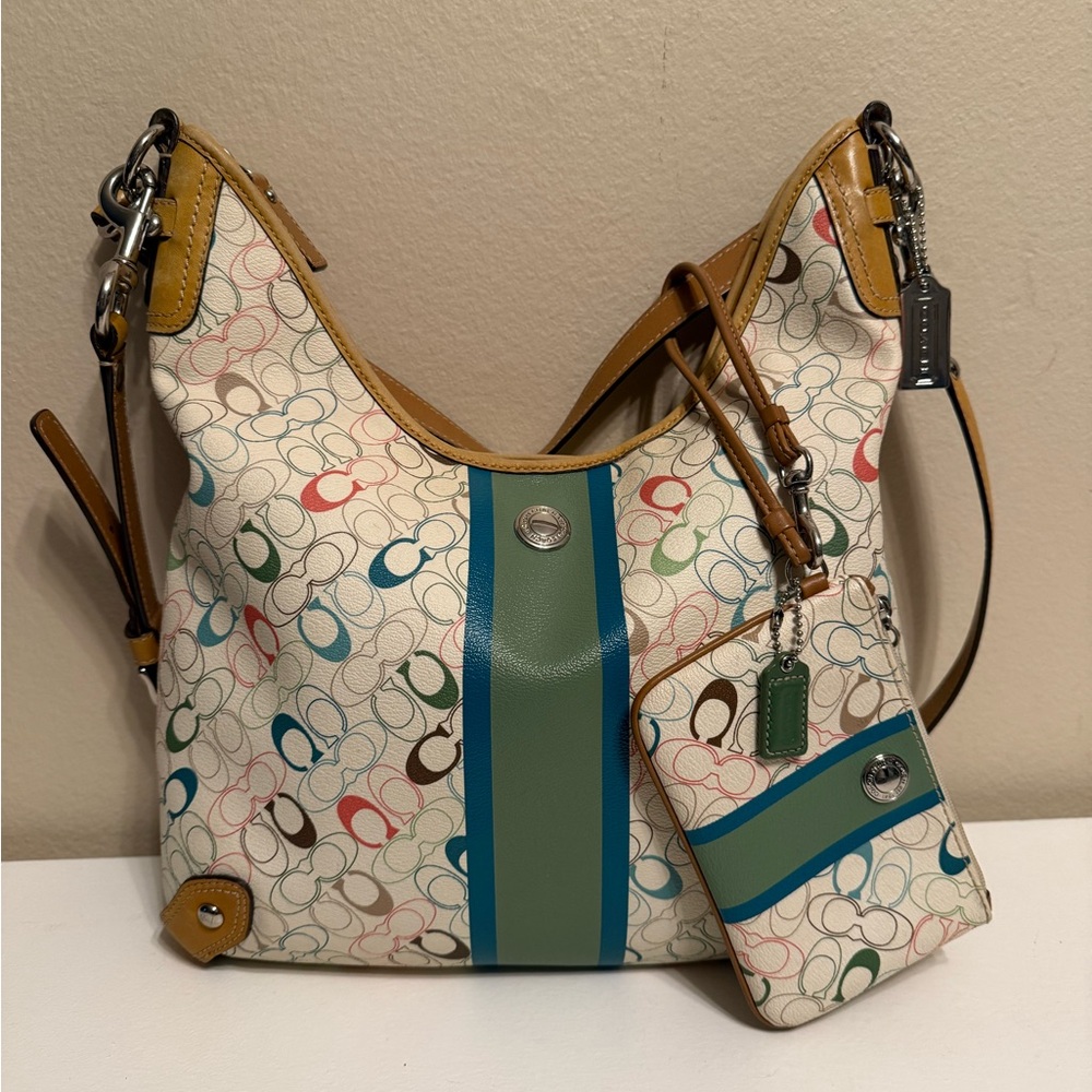 Coach Multicolor Signature Shoulder Bag W/Matching Wristlet